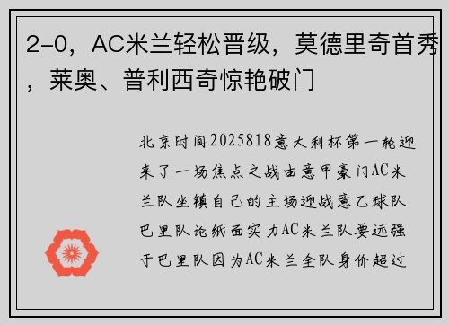 2-0，AC米兰轻松晋级，莫德里奇首秀，莱奥、普利西奇惊艳破门
